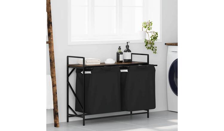 Walplus Laundry Basket 2 Compartments with Shelf - Brown - 97 x 33 x 77 cm