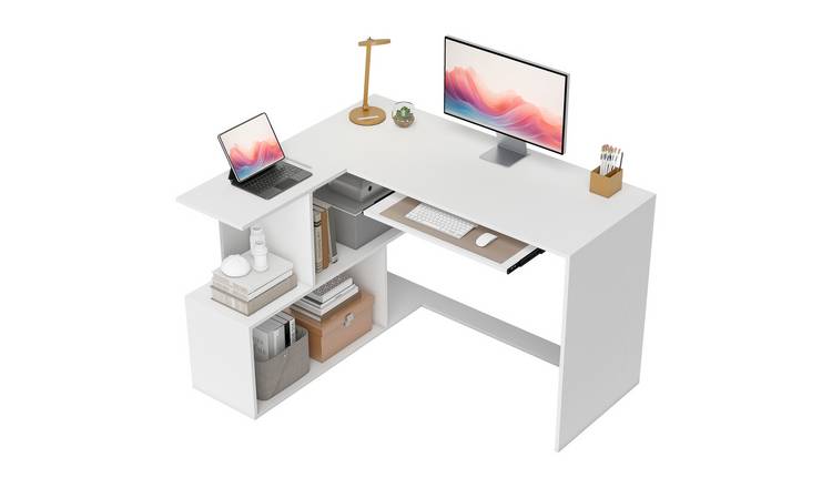 HOMCOM Corner Desk with Keyboard Tray - White Wood Effect