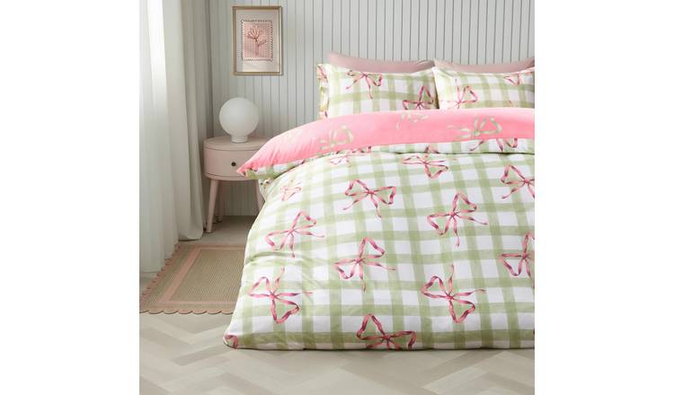 OHS Bow Print Gingham Duvet Cover Set Green - Double