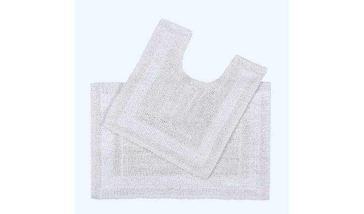 Homescapes Reversible Cotton 2 Piece Bath Mat Set - White