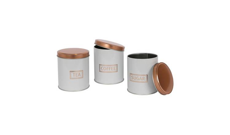 Harbour Housewares 3pc Round Metal Tea Coffee Sugar Canister Set - White/Copper