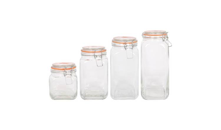 Argon Tableware 4pc Square Glass Jar with Clip-Top Lids Set
