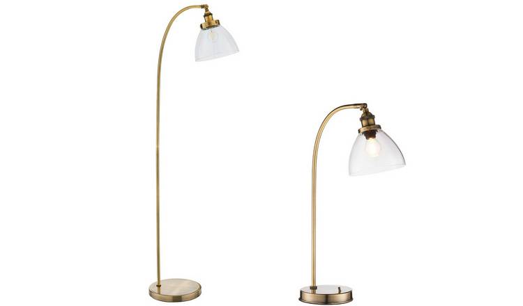 Loops Direct Steel and Glass Floor and Table Lamp Set - Antique Brass