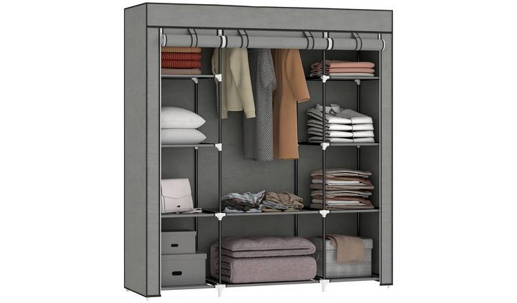 HOMCOM Foldable Fabric Wardrobe with Rail Shelves and Cover - Dark Grey