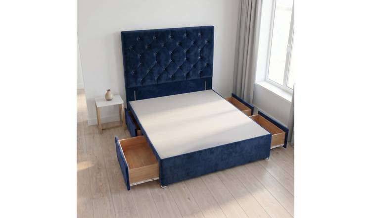 Somnior Diamante Velvet 4FT Small Double 4 Drawer Divan Bed Base - Navy