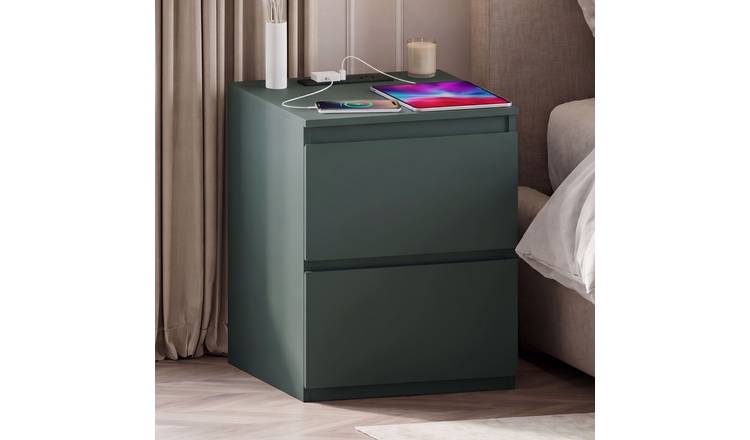 Vida Designs Denver 2 Drawer Large Bedside Chest with Power Outlet - Green