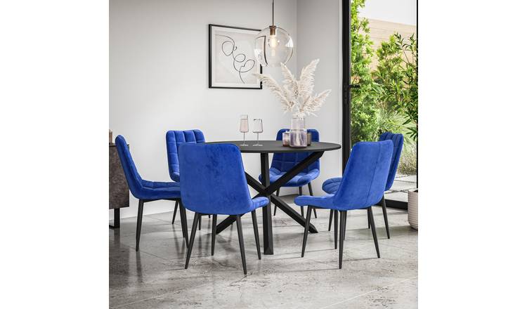 Furniture Online Malvern Nova Black Top Dining Table & 6 Blue Chairs