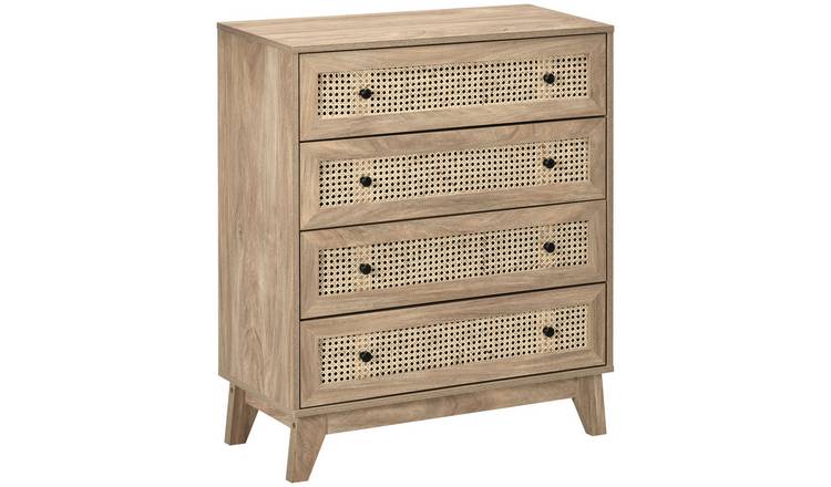 HOMCOM 4 Drawer Rattan Chest of Drawers with Tapered Legs - Natural Wood