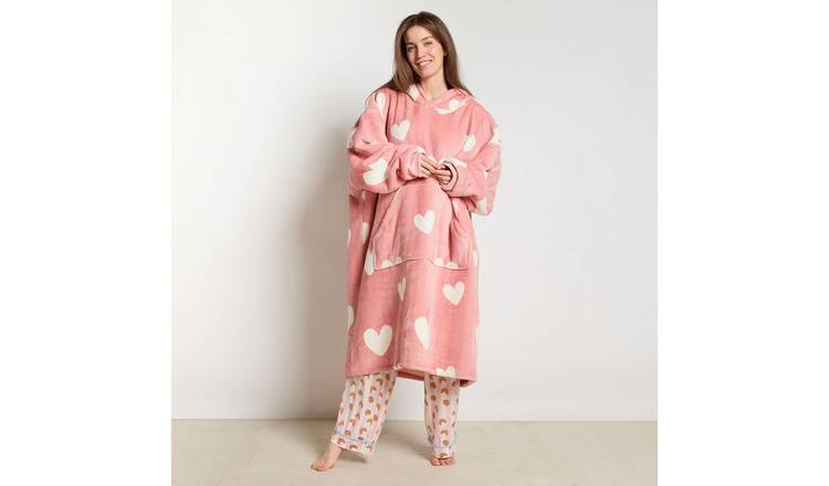 OHS Heart Print Extra Long Hoodie Blanket - One Size - Blush