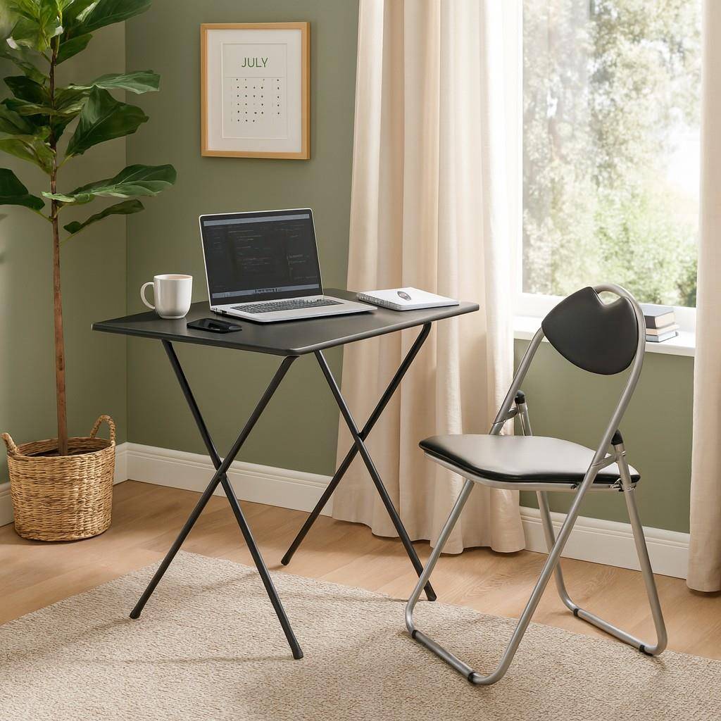 Harbour Housewares Silver Wooden Folding Desk & Chair Set - Black - Image 2