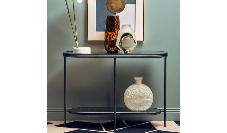 Orsina Xania Glass Top Two Tier Console Table – Black and Silver