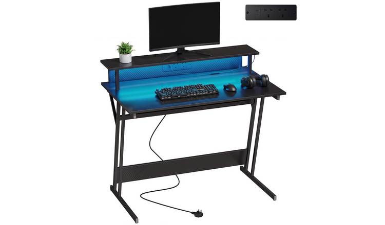 HOMCOM Gaming Desk with LED Lights and Power Outlets - Black