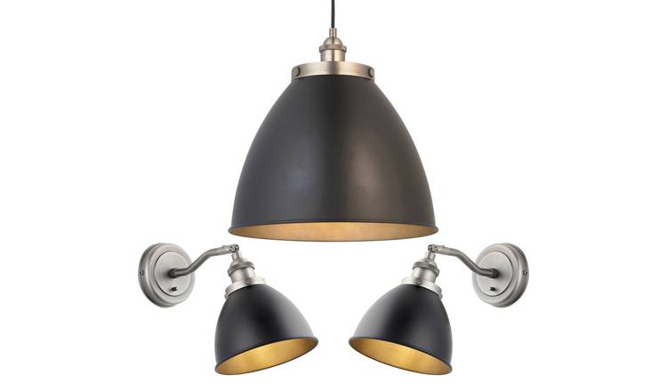 Loops Direct Glass and Pendant and 2 Wall Lights - Amber Glass and Satin Brass