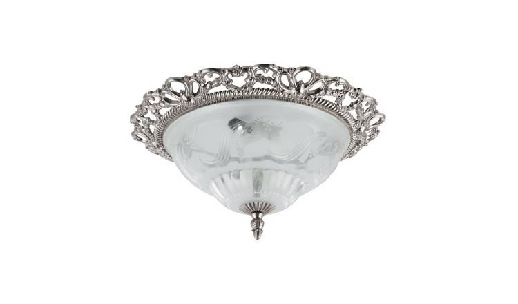 Happy Homewares Satin Nickel and Floral Glass Flush Ceiling Light - 33cm