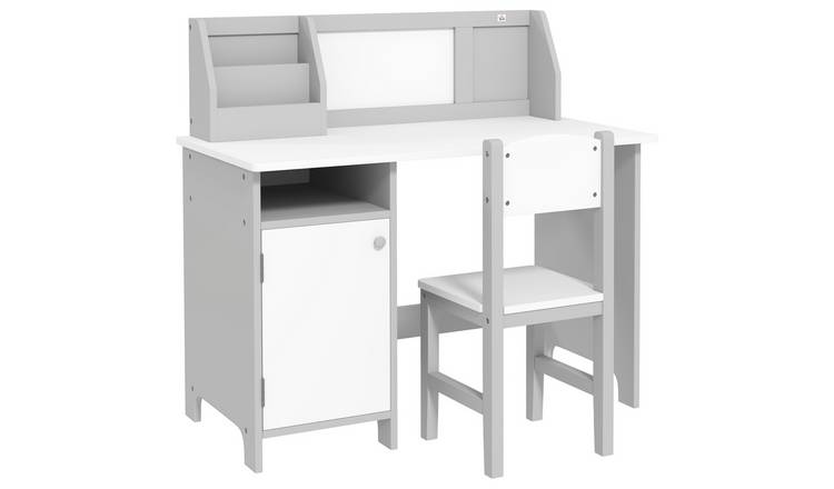 HOMCOM 2 PCs Kids Table and Chairs Set with Whiteboard, Storage - Grey