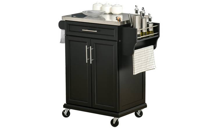 HOMCOM Wooden Kitchen Island on Wheels with Stainless Steel Top - Black