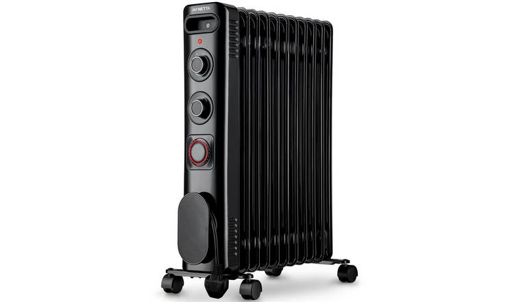 NETTA 2500W Oil Filled Radiator, 24 Hour Timer, Thermostat, 11 Fin - Black