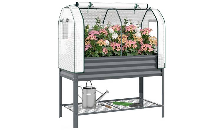 Outsunny Galvanised Raised Planter with Greenhouse Cover - Dark Grey