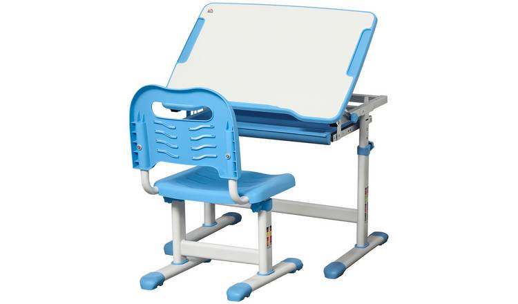 HOMCOM Adjustable Tilt Drawer Pen Slot Hook Kids Desk Chair Set - Blue