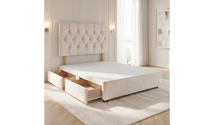 Somnior Chester Velvet Single 2 Drawer Divan Bed with Headboard - Ivory