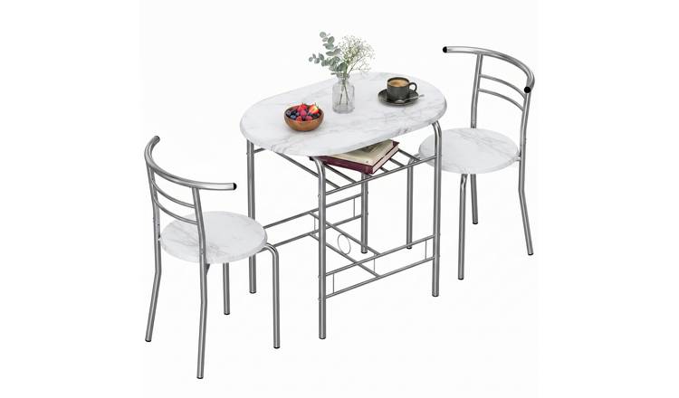 HOMCOM 3 Piece Metal Dining Table with Storage Shelf - White Marble