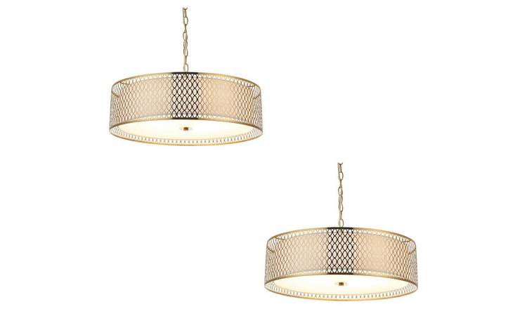 Loops Direct Set of 2 Glass Hanging Ceiling Pendant Light - Gold and White
