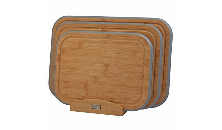 Cooks Professional 3 Piece Bamboo Chopping Board Set with Stand - Grey Edging