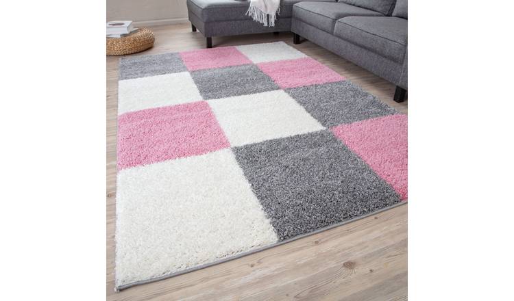 The Rugs Pink Myshaggy Checkered Shaggy Rug - 80 x 150cm