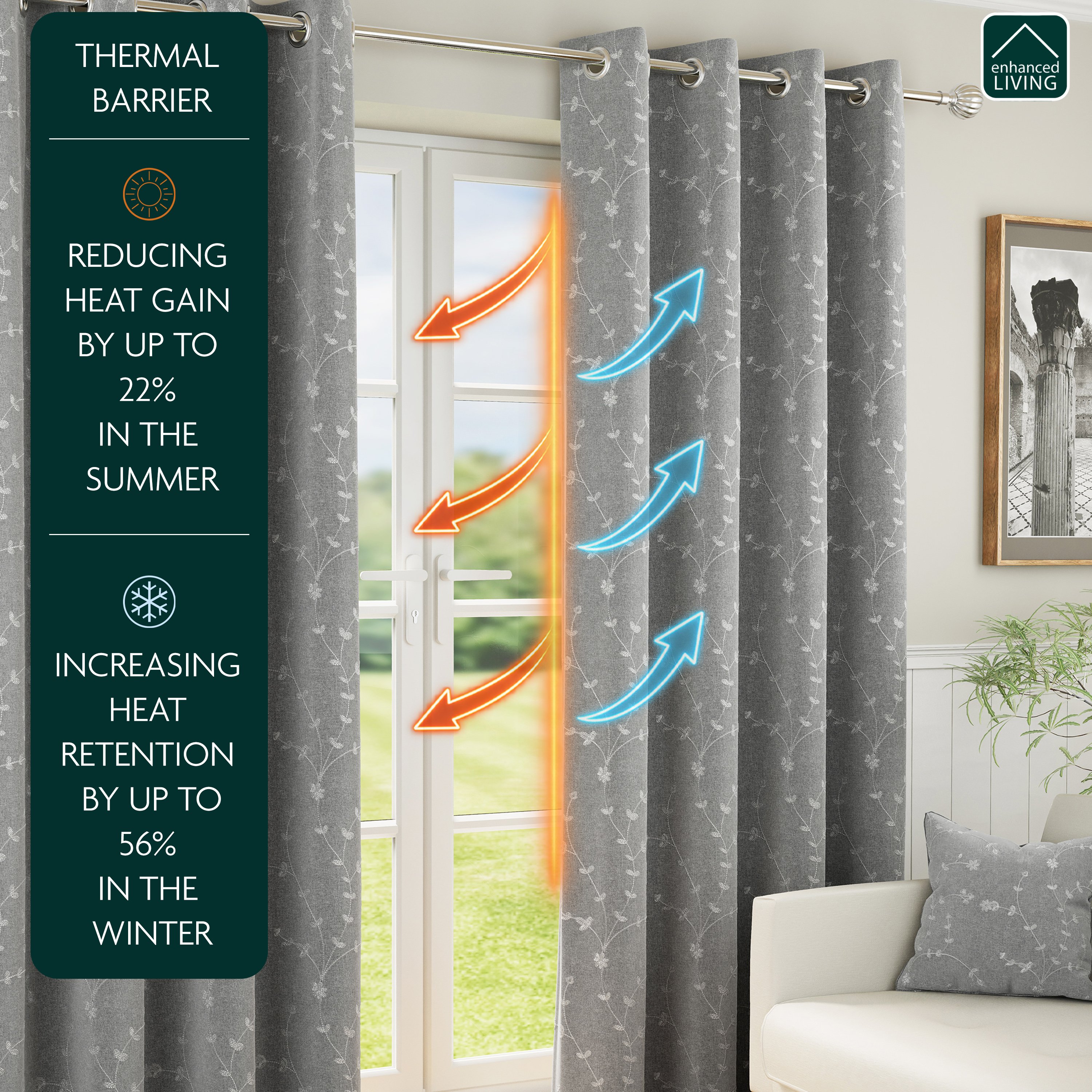 Enhanced Living Tivoli Eyelet Blackout Curtains - 117 x 137cm - Grey - Image 2
