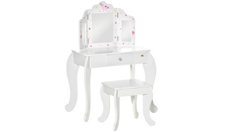 HOMCOM Foldable Dressing Table with Tri Folding Mirror and Stool - White