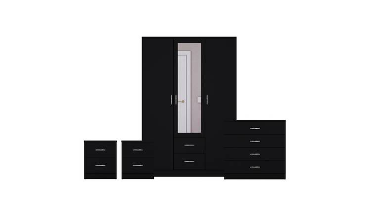 Vida Designs Riano Bedroom Set (Bedsides, 4 Drawer Chest, Mirror Wardrobe)-Black