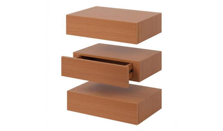 Harbour Housewares Wooden Floating Shelves with Drawer Pack of 3 - Walnut