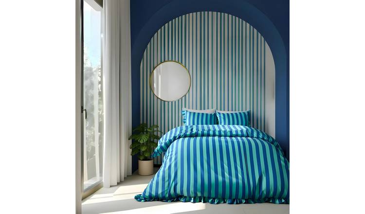 OHS Frill Duvet Cover Bedding Set Stripe Blue/Green - Double