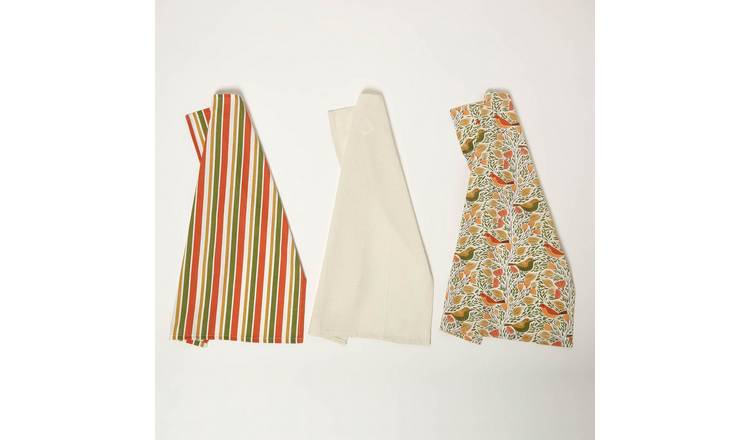 Homescapes Pack of 3 Cotton Song Bird Tea Towels - Green