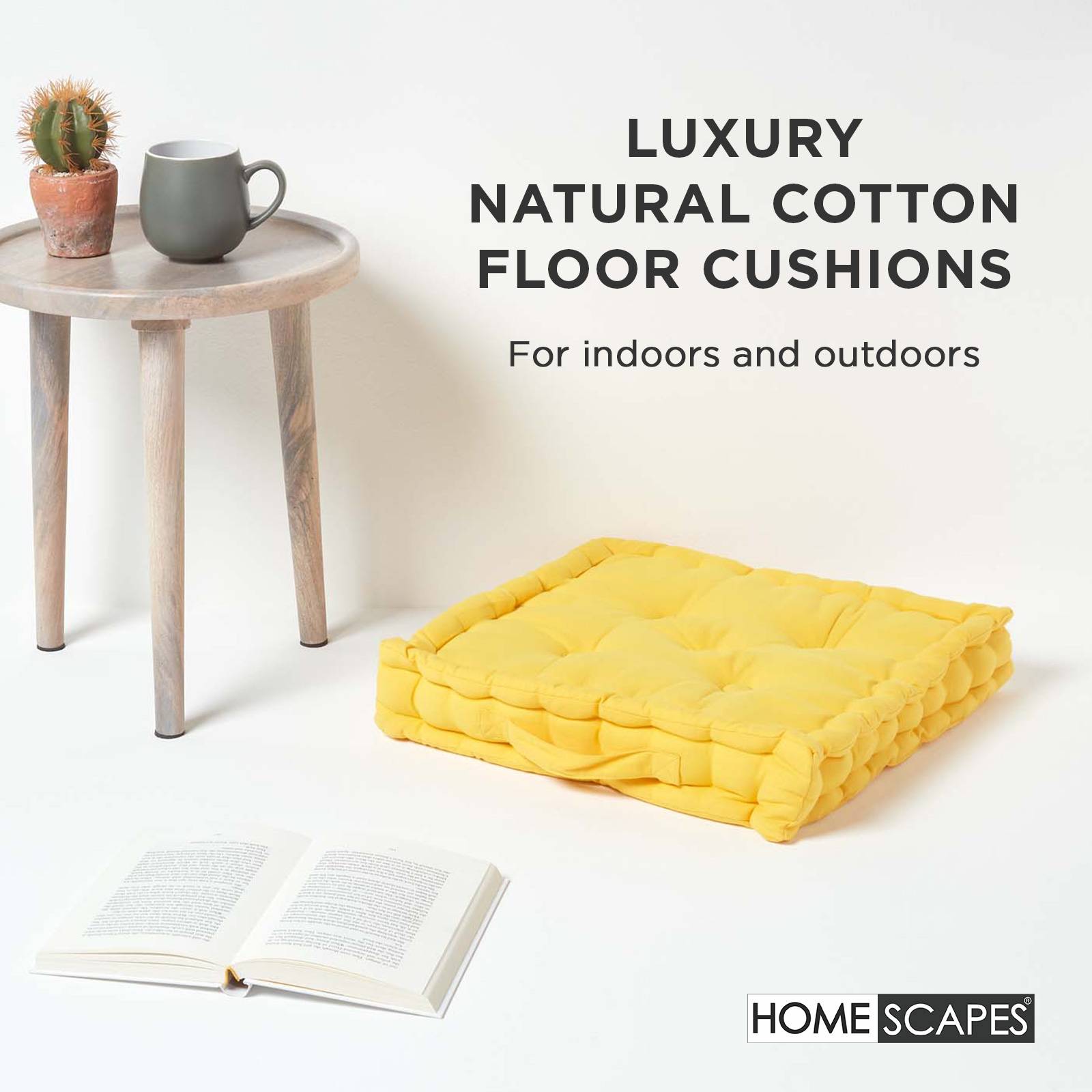 Homescapes Cotton Floor Cushion - 40 x 40 cm - Yellow - Image 2