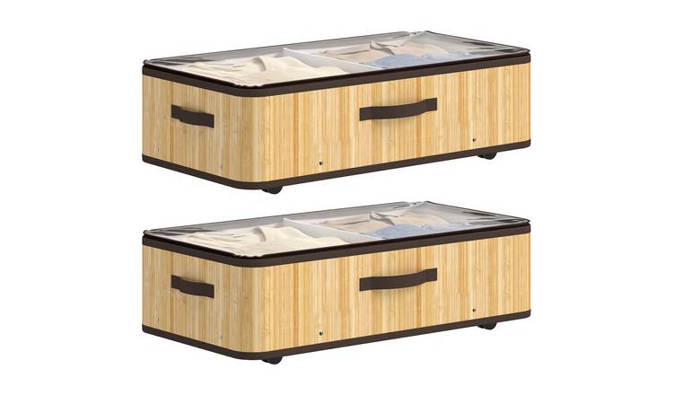 HOMCOM 2 Pack 60L Bamboo Wheeled Clear Lid Underbed Storage Boxes – Natural