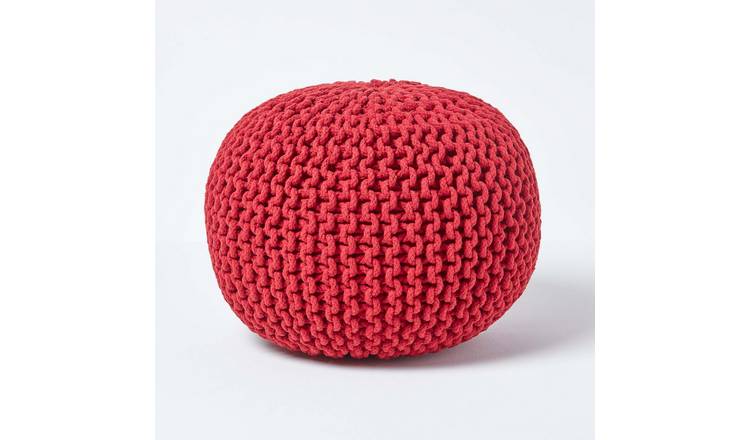 Homescapes Round Cotton Knitted Pouffe Footstool – Red