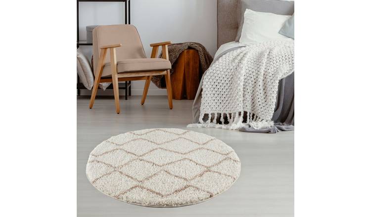 The Rugs  Cream and Beige Moroccan Shaggy Zigzag Round Rug - 120cm
