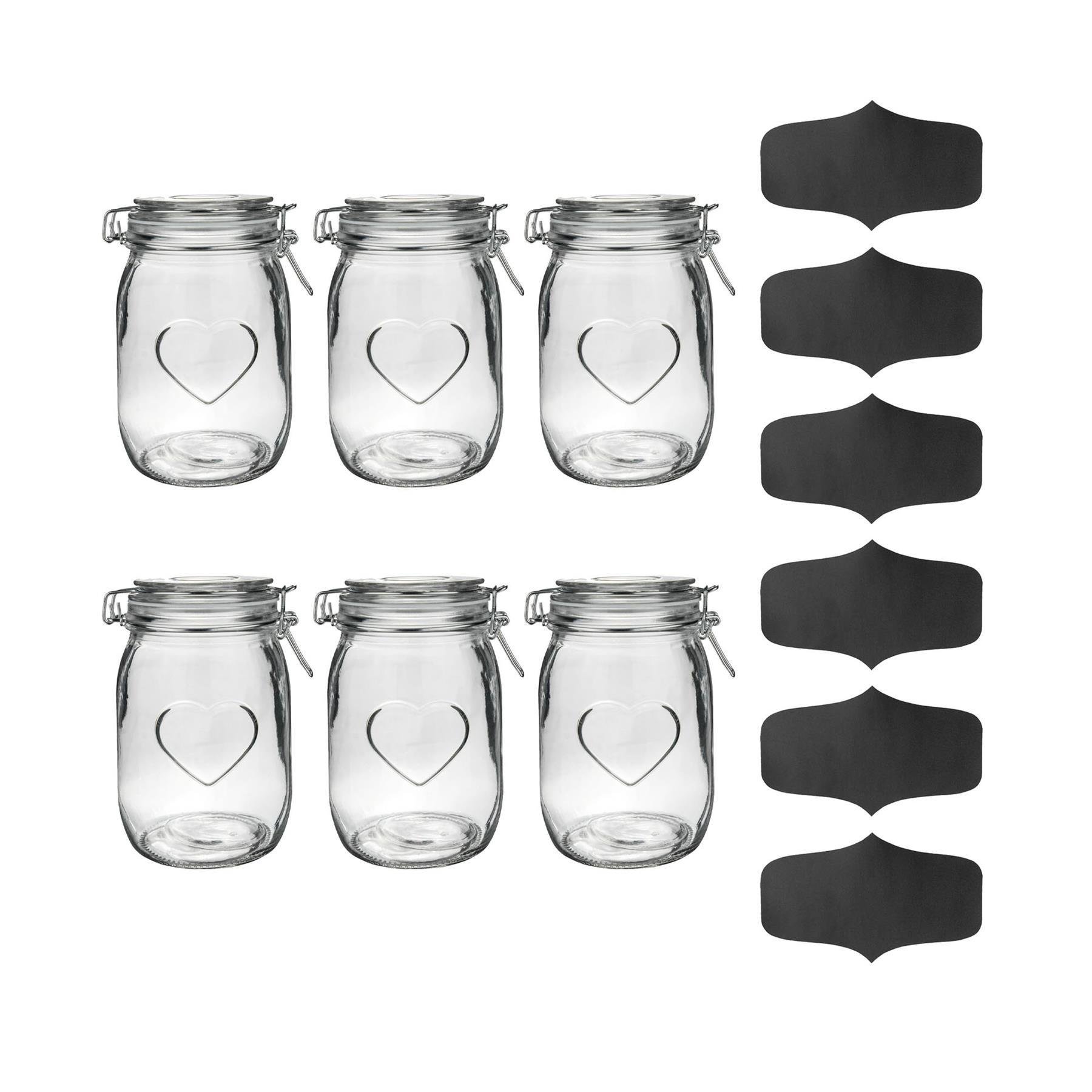 Nicola Spring Heart Glass Storage Jars with Labels - Set of 6 - 1000ml - Image 1