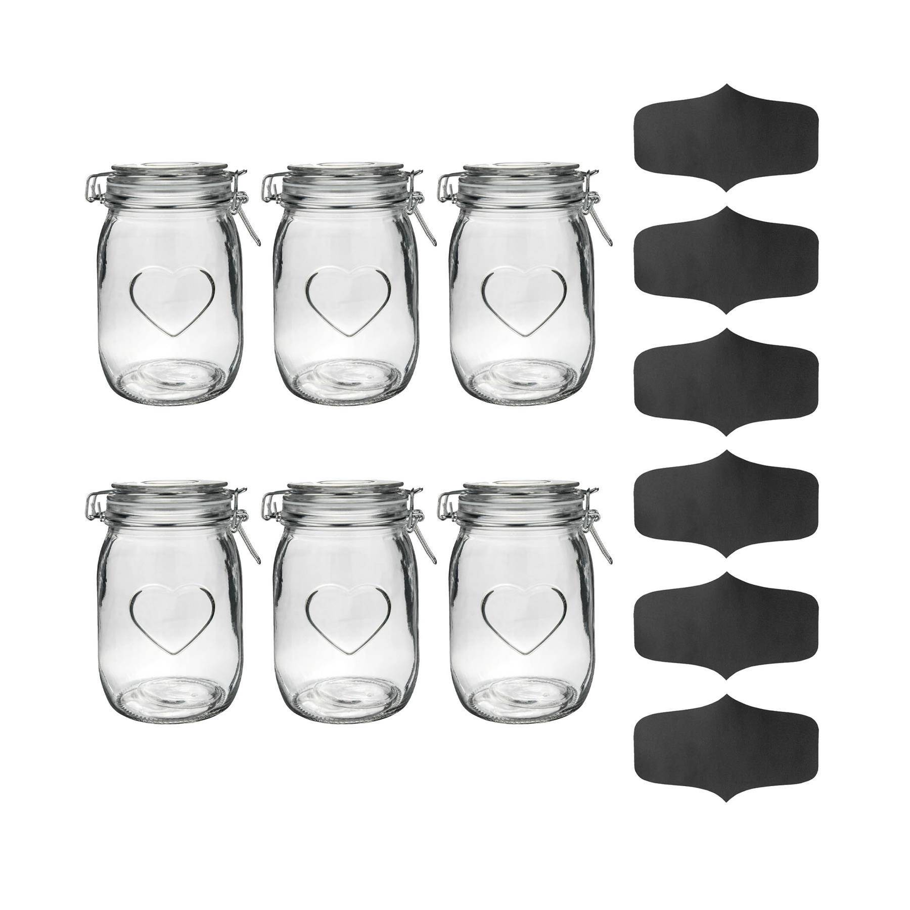 Nicola Spring Heart Glass Storage Jars with Labels - Set of 6 - 1000ml - Image 1