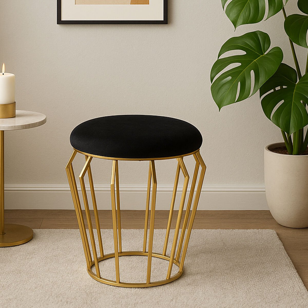 Orsina Jaipur Velvet Finish Stool - Black & Gold - Image 2