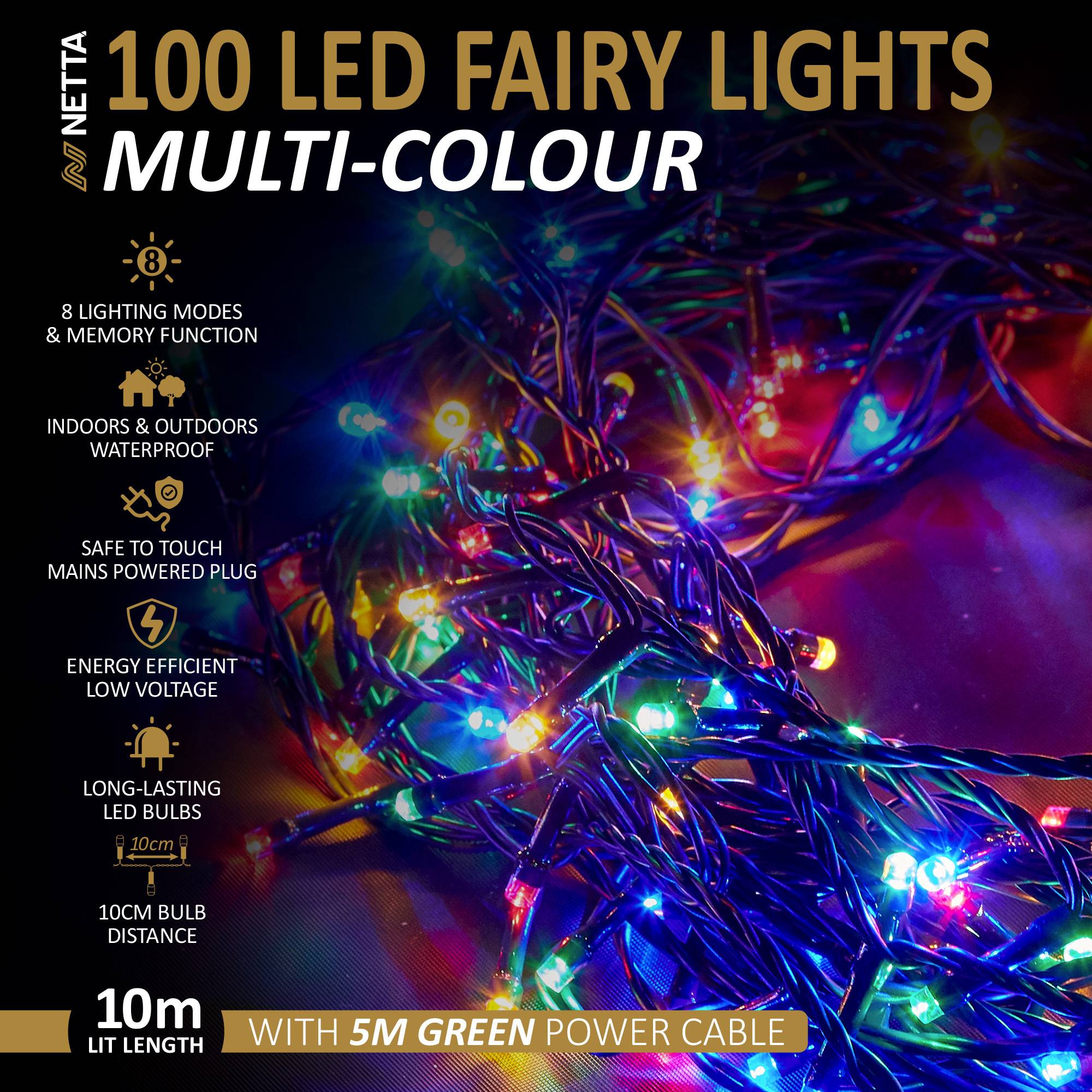 NETTA 100 LED 10m Christmas Fairy String Lights - Multicolour - Image 2