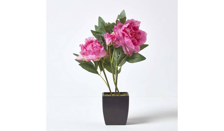Homescapes Silk-like Polyester Artificial Peonies in Decorative Black Pot - Pink
