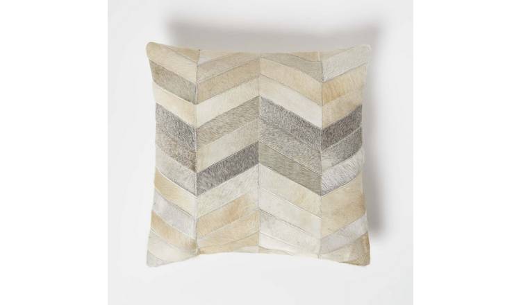 Homescapes Cream & Grey Chevron Leather Cushion - 45 x 45 cm