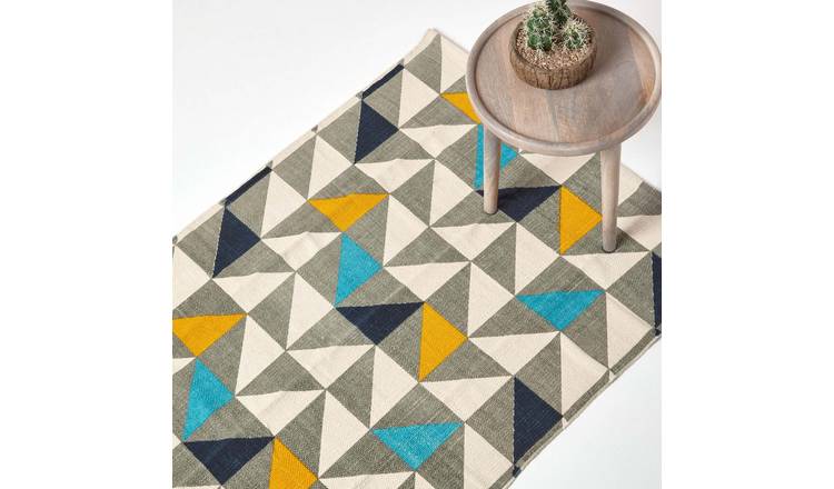 Homescapes Blue Yellow Grey Copenhagen Scandi Geometric Cotton Rug - 90 x 150cm
