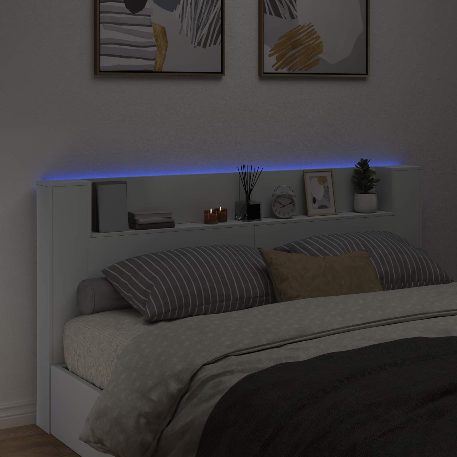 Walplus Engineered Wood LED Storage Headboard - White - 200 x 16.5 x 103.5 cm - Image 4