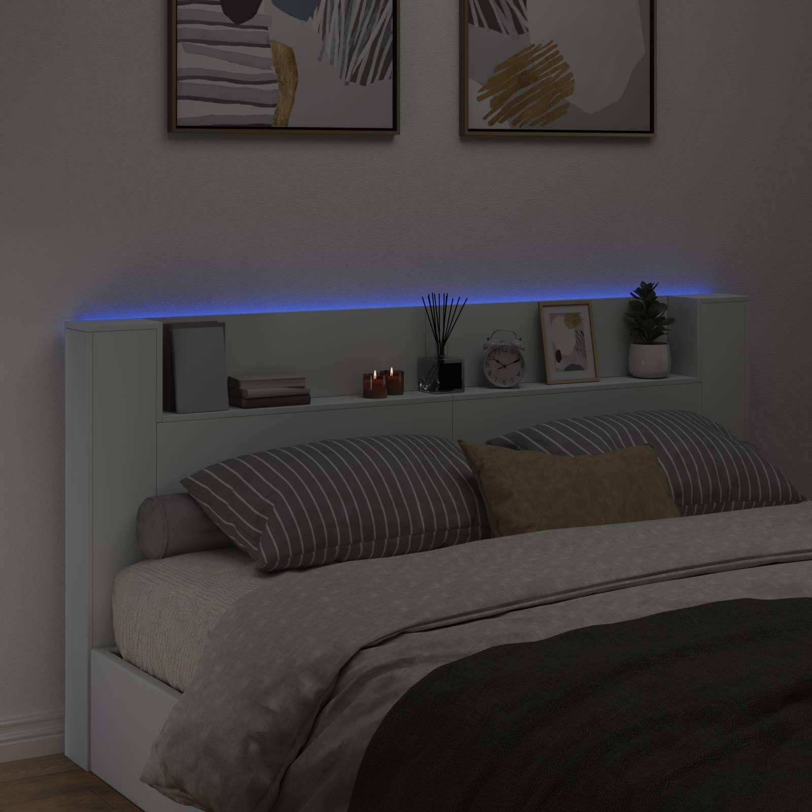 Walplus Engineered Wood LED Storage Headboard - White - 200 x 16.5 x 103.5 cm - Image 4