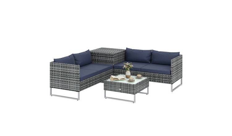 Outsunny 4 Seater Rattan Garden Furniture Set with Storage Box - Dark Blue
