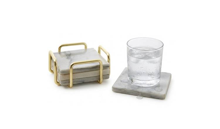 Orsina Set Of 4 Delphine Marble Coasters with Brass Finish Holder - White