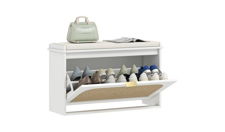 HOMCOM Narrow Shoe Bench with Flip-Drawer and Rattan Door - White